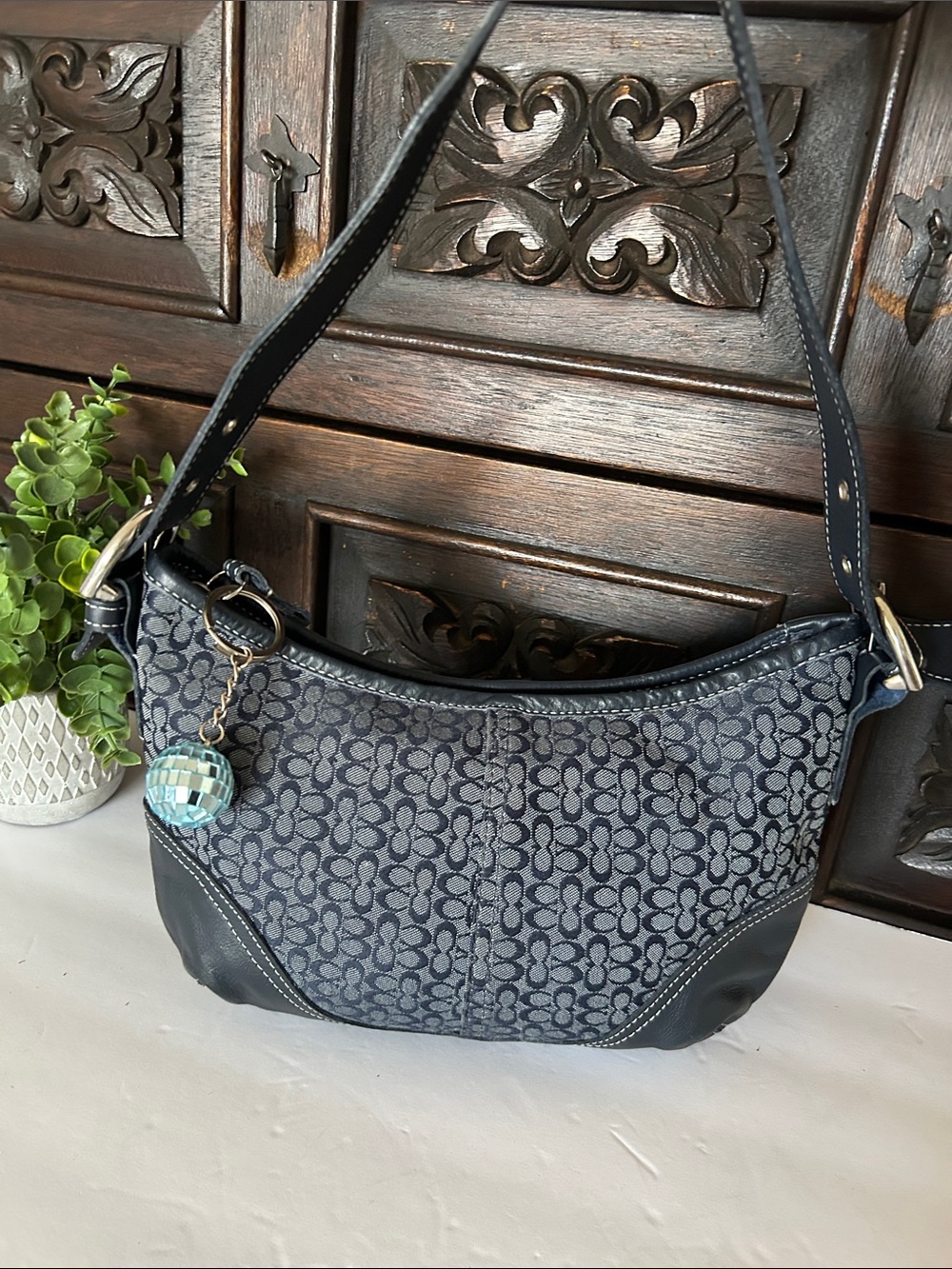 Beautiful Navy Signature Canvas Hobo with Leather Trim